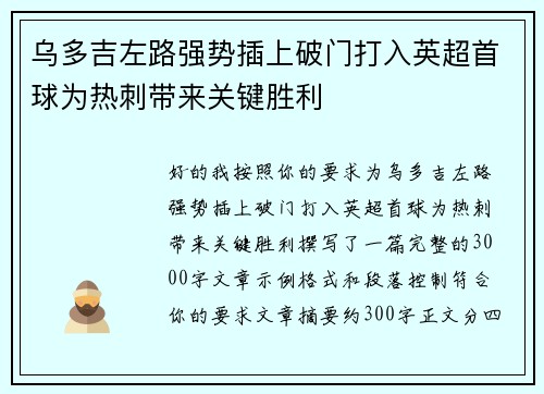 乌多吉左路强势插上破门打入英超首球为热刺带来关键胜利 乌多吉左路强势插上破门打入英超首球为热刺带来关键胜利