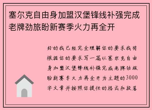 塞尔克自由身加盟汉堡锋线补强完成老牌劲旅盼新赛季火力再全开